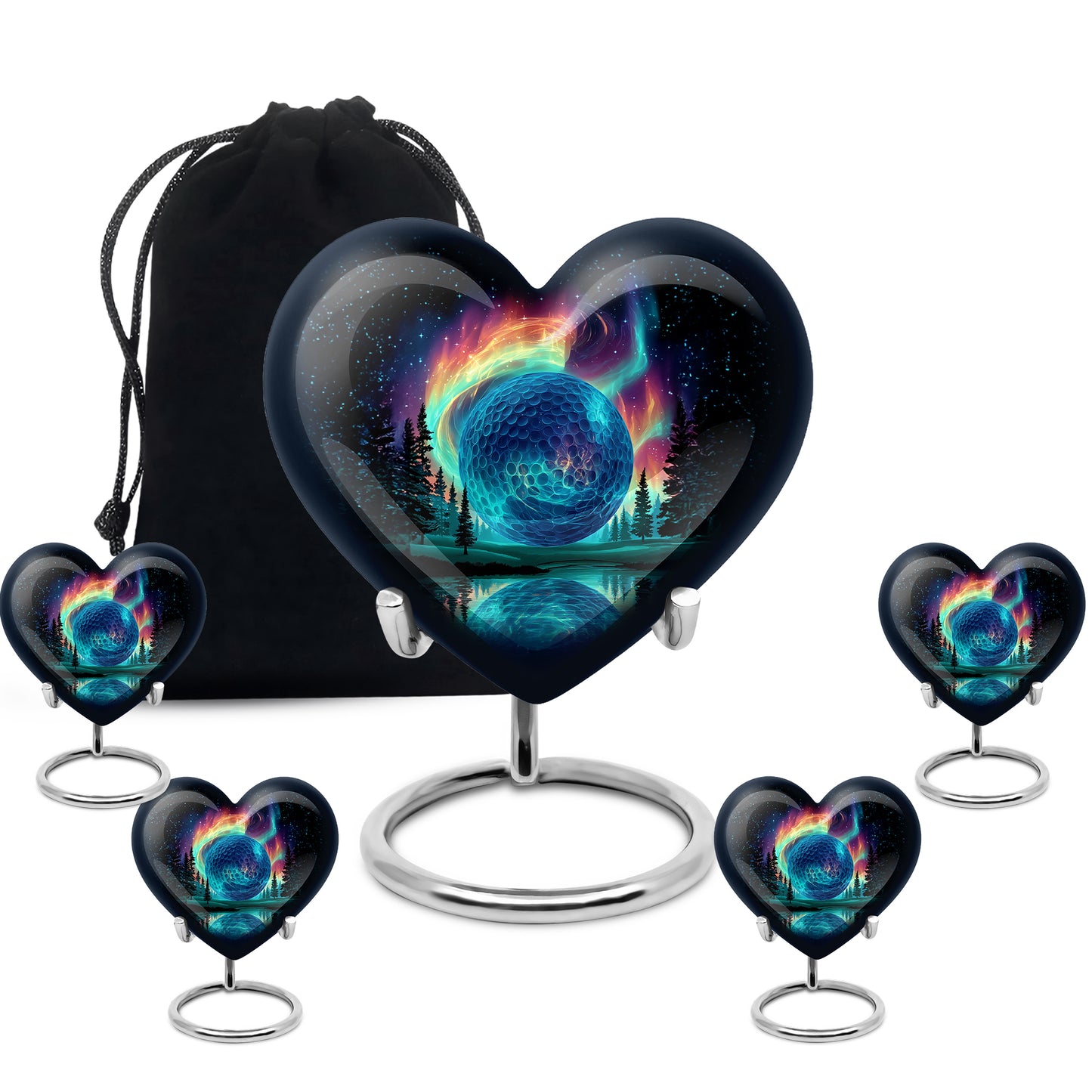 Onyx Black Golf Cremation Urn close-up of engraving and surface detail - romantic heart urn with golf motif on aluminum - memorial set with one large and four small urns
