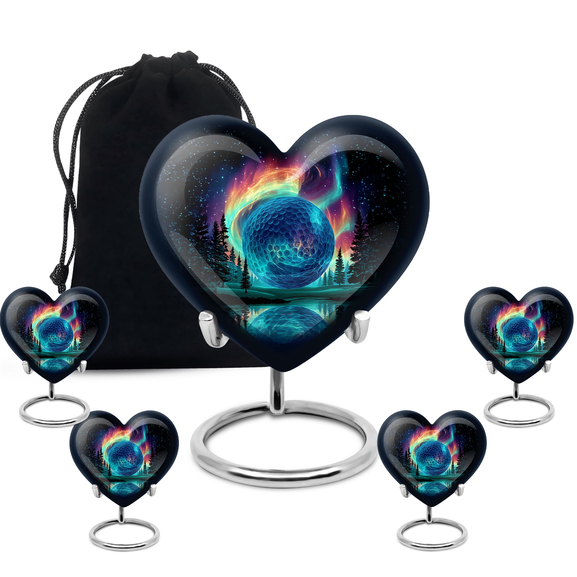 Onyx Black Golf Cremation Urn close-up of engraving and surface detail - romantic heart urn with golf motif on aluminum - memorial set with one large and four small urns