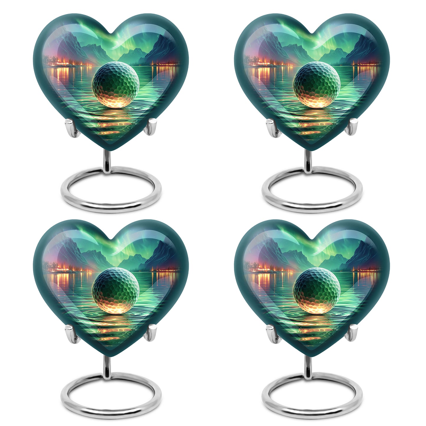 Mystic Teal Golf Cremation Urn angled view of lid and engraved motif - compassionate heart-golf combination with gentle curves - 10 inch aluminum urn for cremated remains