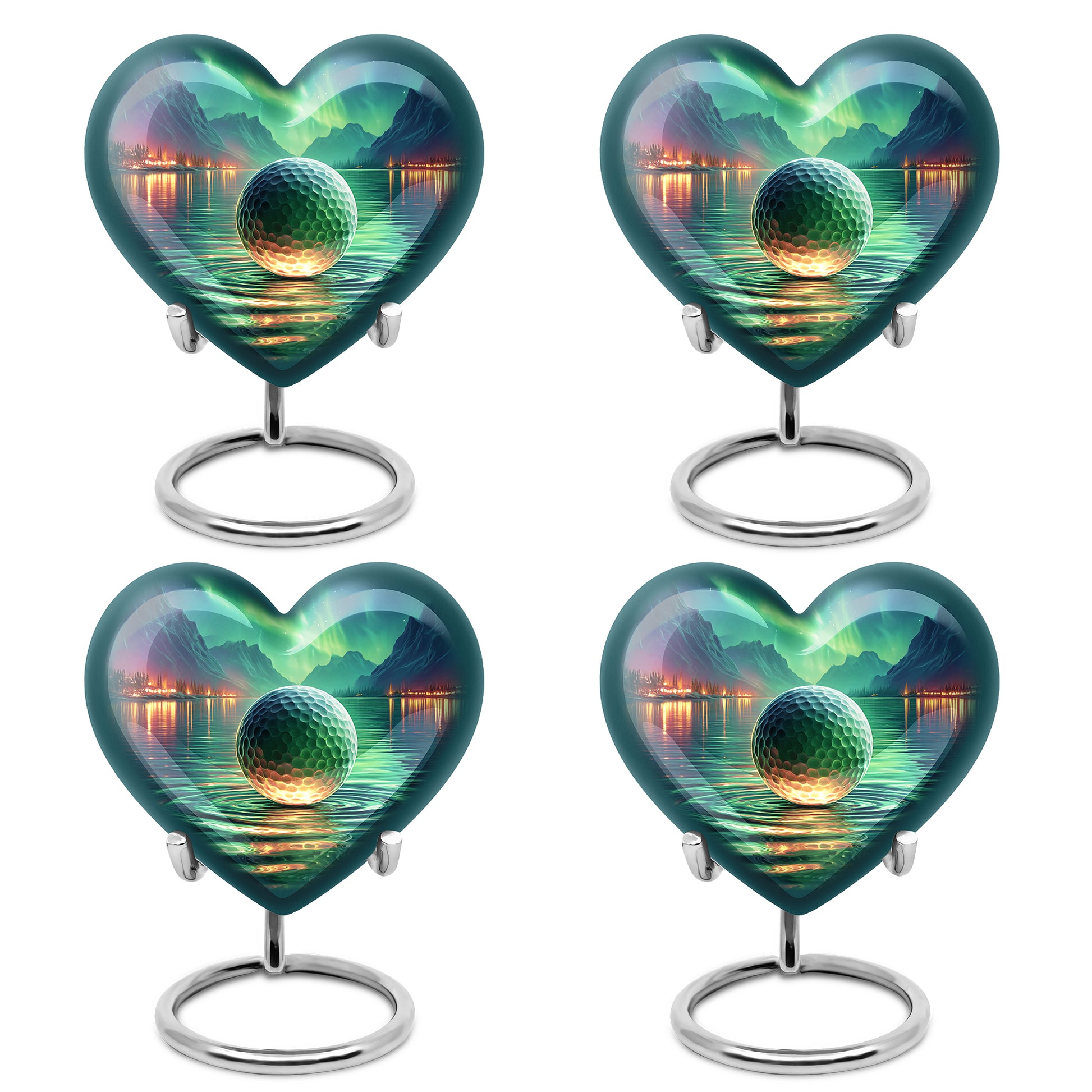 Mystic Teal Golf Cremation Urn angled view of lid and engraved motif - compassionate heart-golf combination with gentle curves - 10 inch aluminum urn for cremated remains