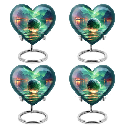 Mystic Teal Golf Cremation Urn angled view of lid and engraved motif - compassionate heart-golf combination with gentle curves - 10 inch aluminum urn for cremated remains
