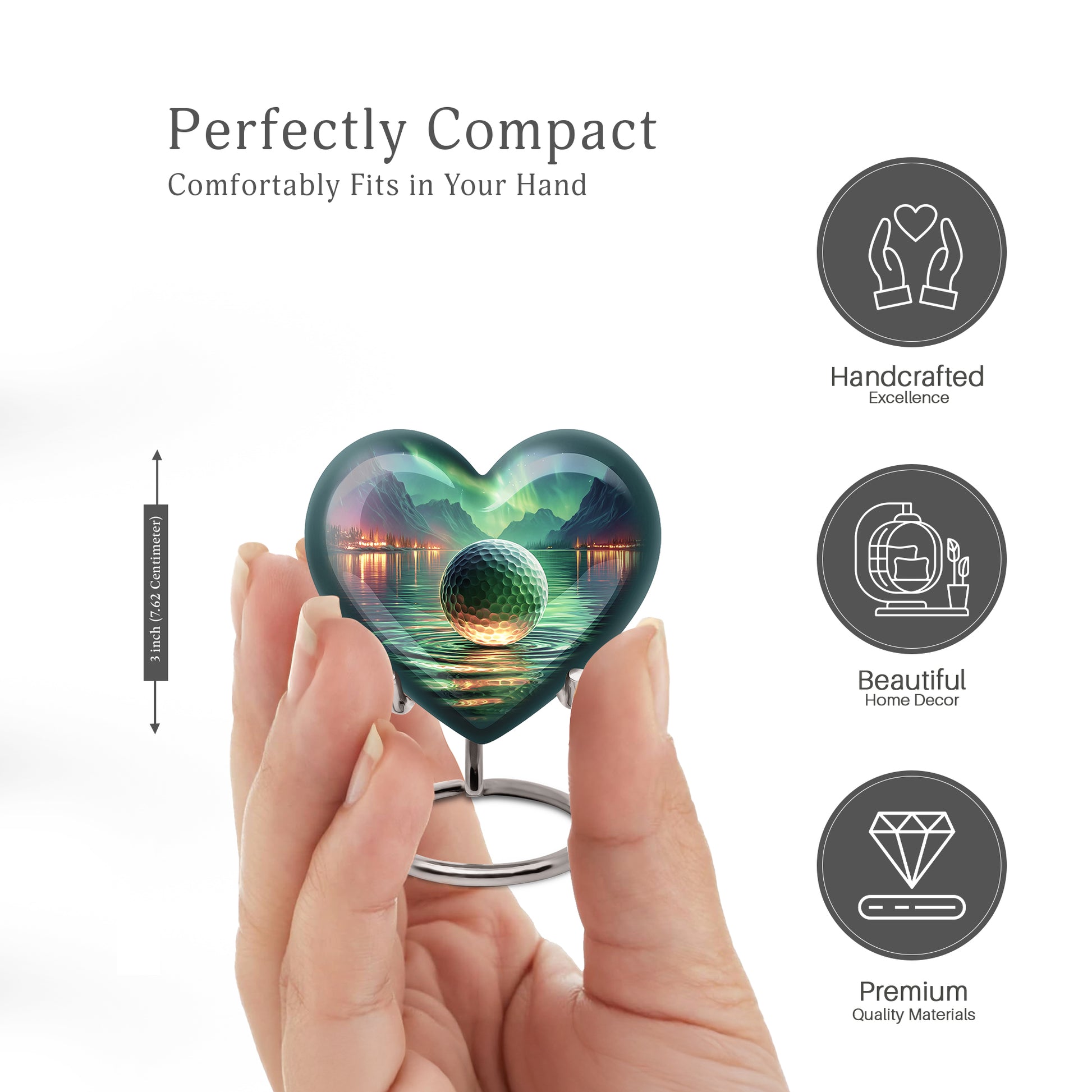 Ocean Teal Golf Cremation Urn front view showing detailed design - heart-shaped golf design symbolizing eternal love - mini keepsake memorial for portion of cremation ashes