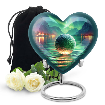 Deep Teal Golf Cremation Urn detail view - romantic heart urn with golf motif on aluminum - full-size 10 inch 200 cubic inch adult cremation urn