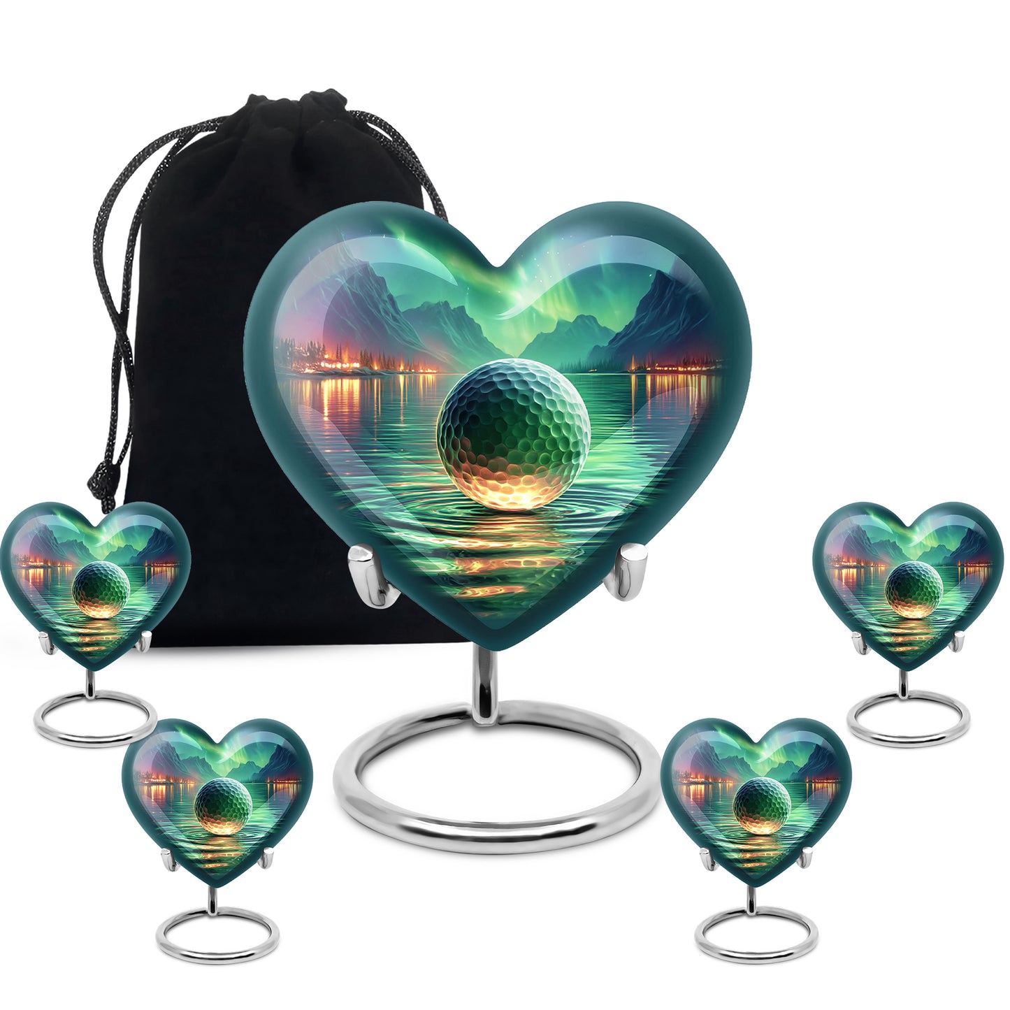 Deep Teal Golf Cremation Urn close-up of engraving and surface detail - compassionate heart-golf combination with gentle curves - memorial set with one large and four small urns