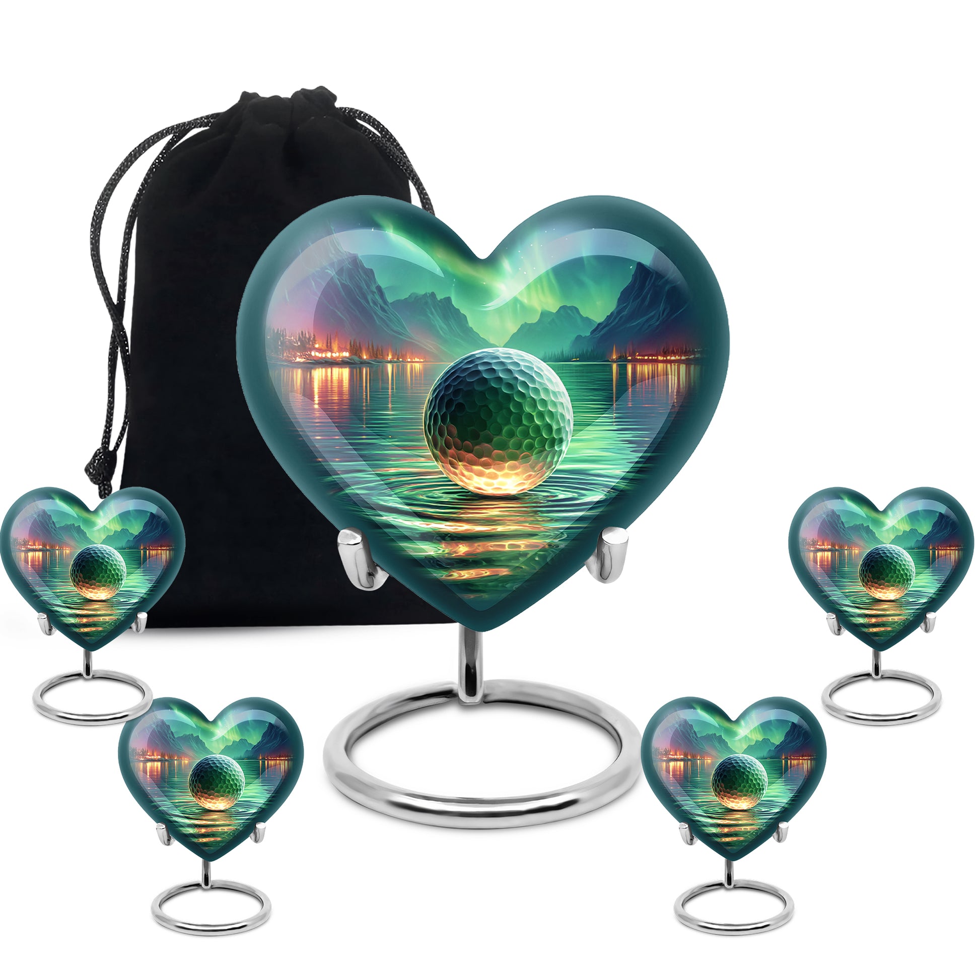 Deep Teal Golf Cremation Urn close-up of engraving and surface detail - compassionate heart-golf combination with gentle curves - memorial set with one large and four small urns