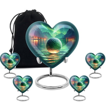 Deep Teal Golf Cremation Urn close-up of engraving and surface detail - compassionate heart-golf combination with gentle curves - memorial set with one large and four small urns