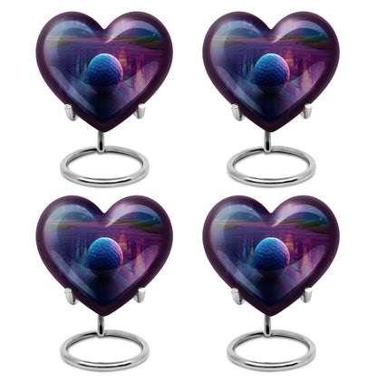 Lavender Purple Golf Cremation Urn angled view of lid and engraved motif - compassionate heart-golf combination with gentle curves - 10 inch aluminum urn for cremated remains