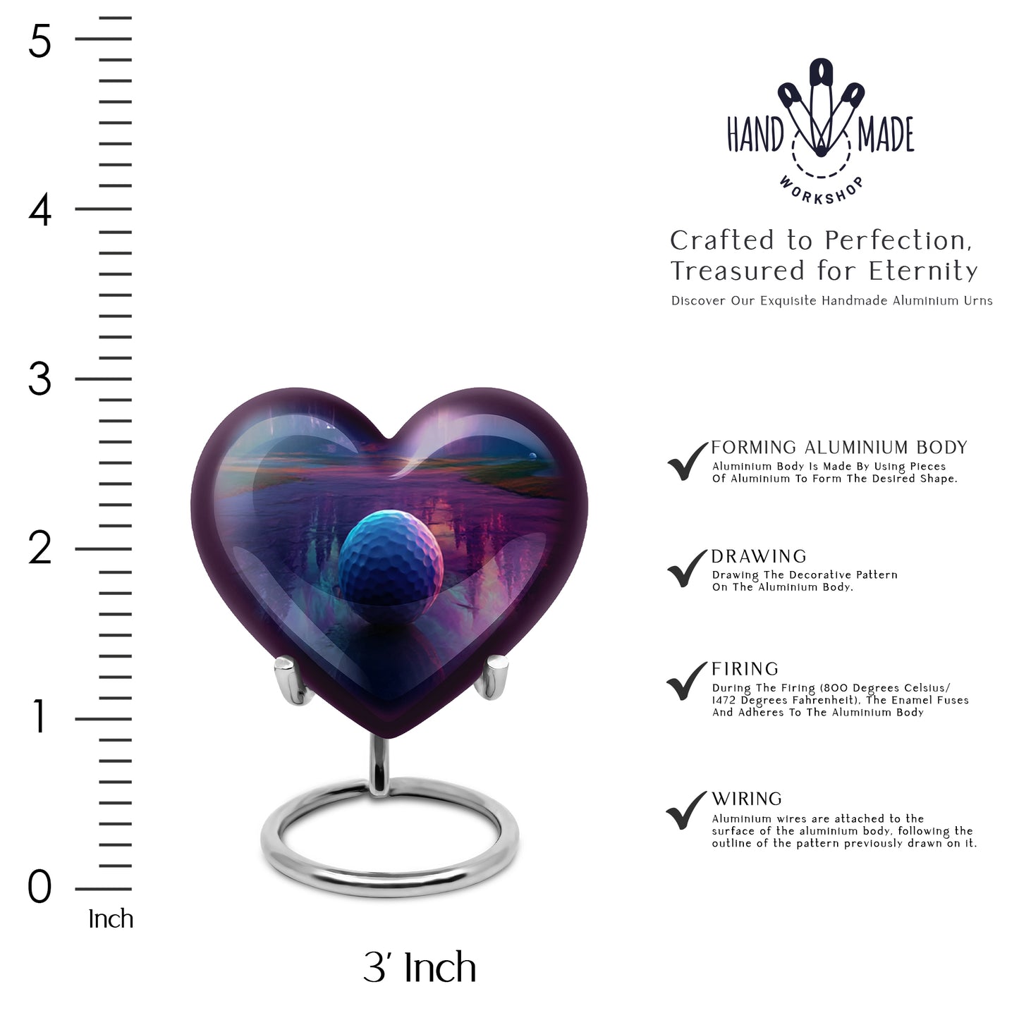 Amethyst Purple Golf Cremation Urn front view showing detailed design - loving heart memorial featuring golf pattern - mini keepsake memorial for portion of cremation ashes