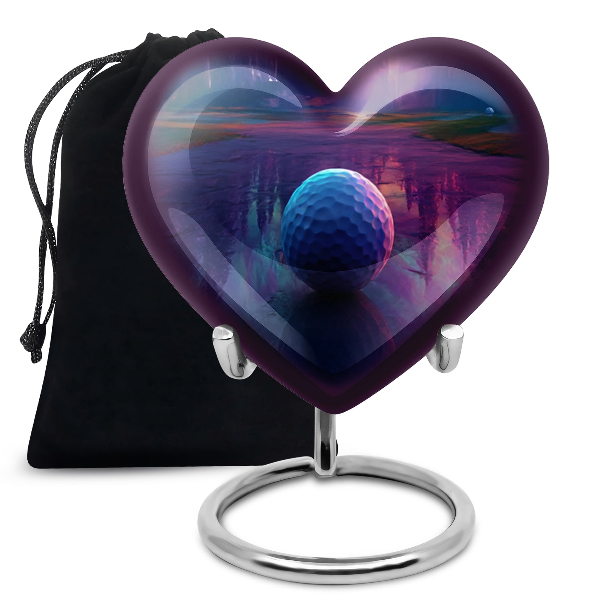 Violet Purple Golf Cremation Urn detail view - romantic heart urn with golf motif on aluminum - full-size 10 inch 200 cubic inch adult cremation urn