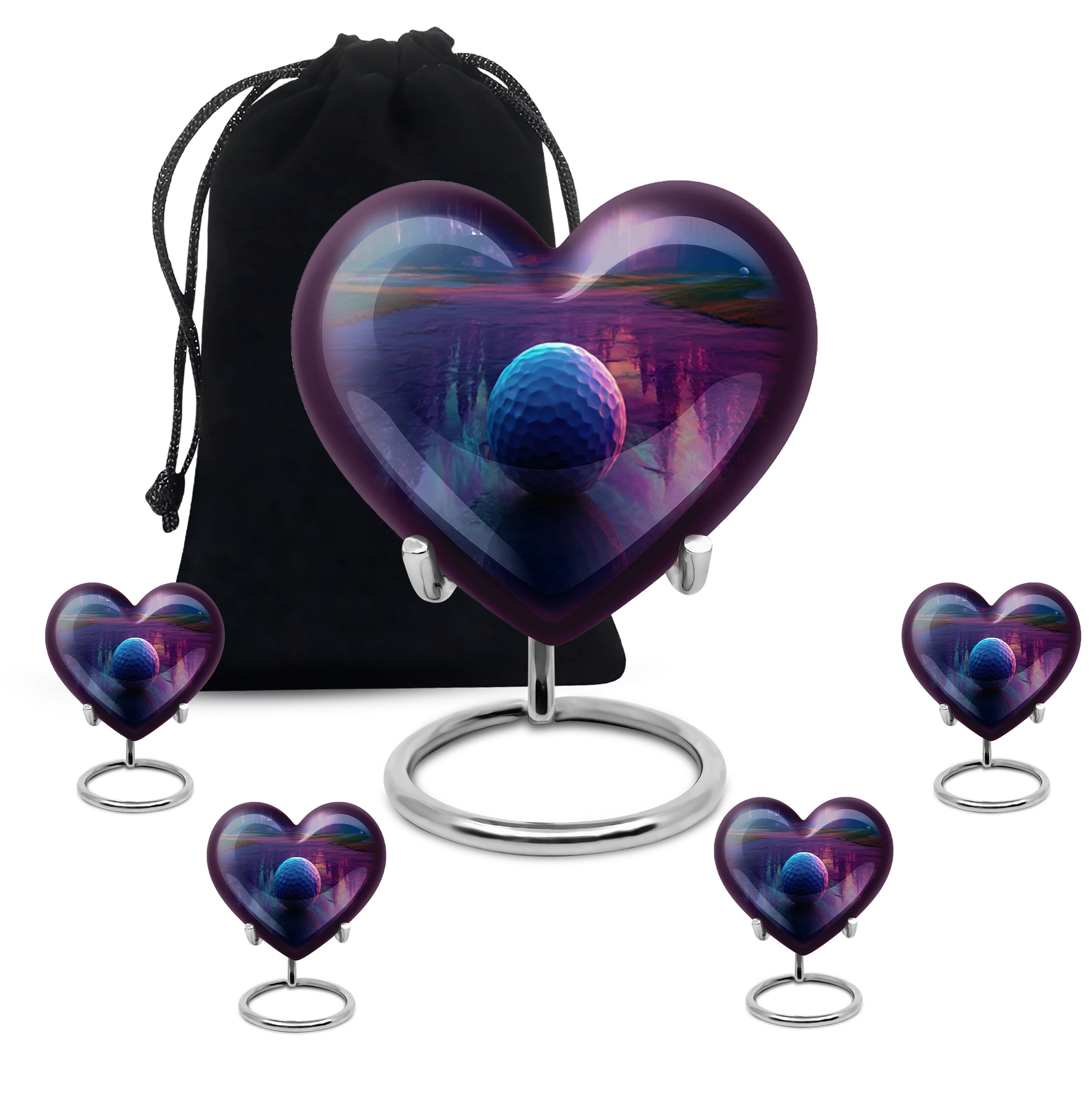 Twilight Purple Golf Cremation Urn close-up of engraving and surface detail - romantic heart urn with golf motif on aluminum - memorial set with one large and four small urns