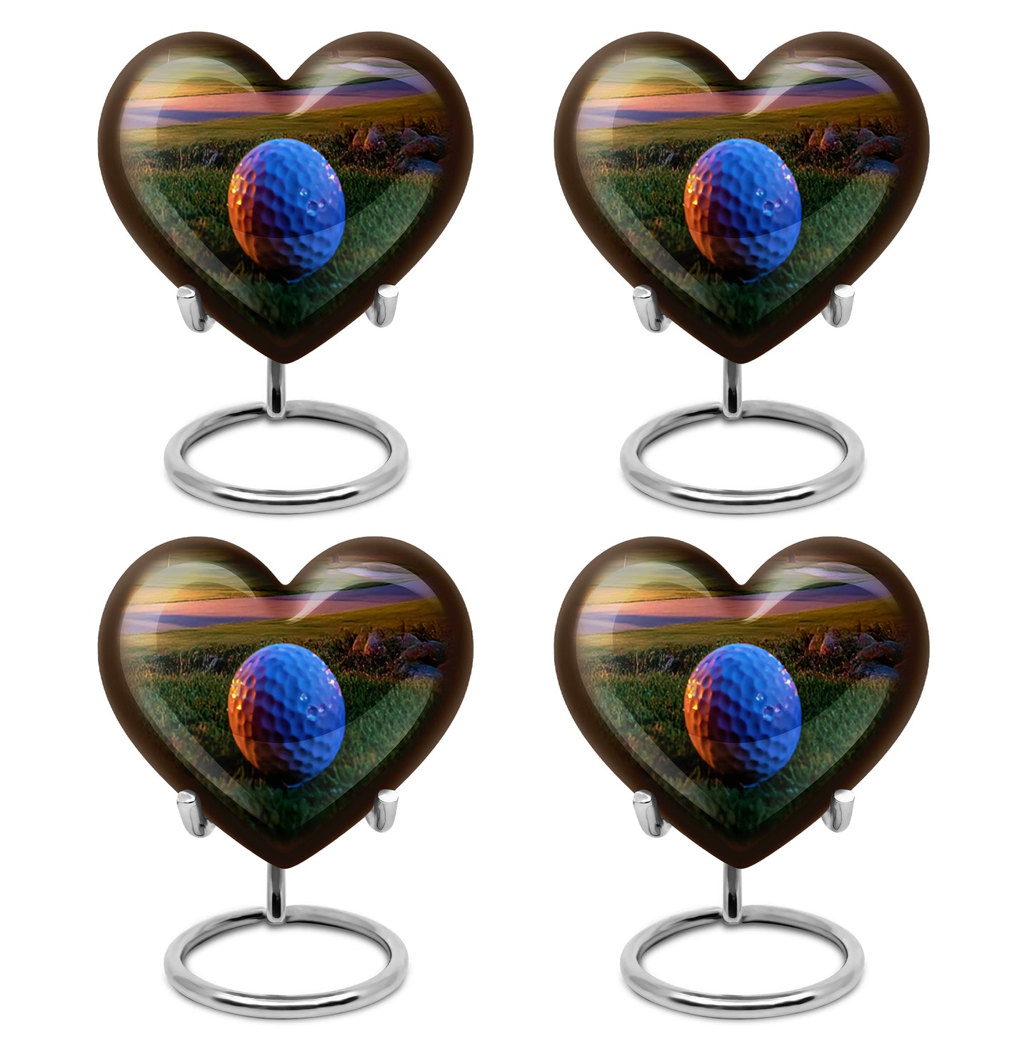 Royal Gold Golf Cremation Urn angled view of lid and engraved motif - romantic heart urn with golf motif on aluminum - 10 inch aluminum urn for cremated remains