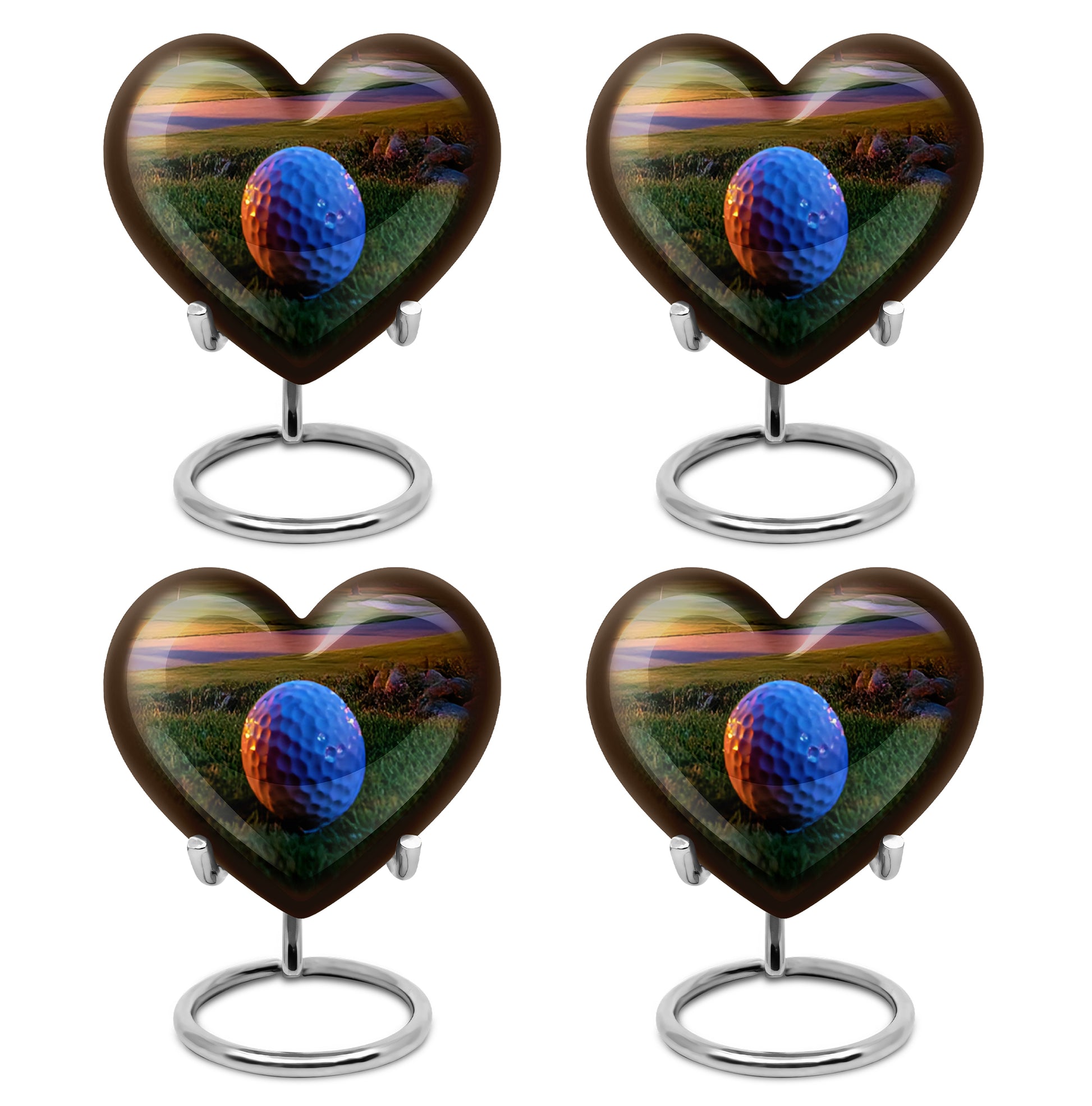 Royal Gold Golf Cremation Urn angled view of lid and engraved motif - romantic heart urn with golf motif on aluminum - 10 inch aluminum urn for cremated remains