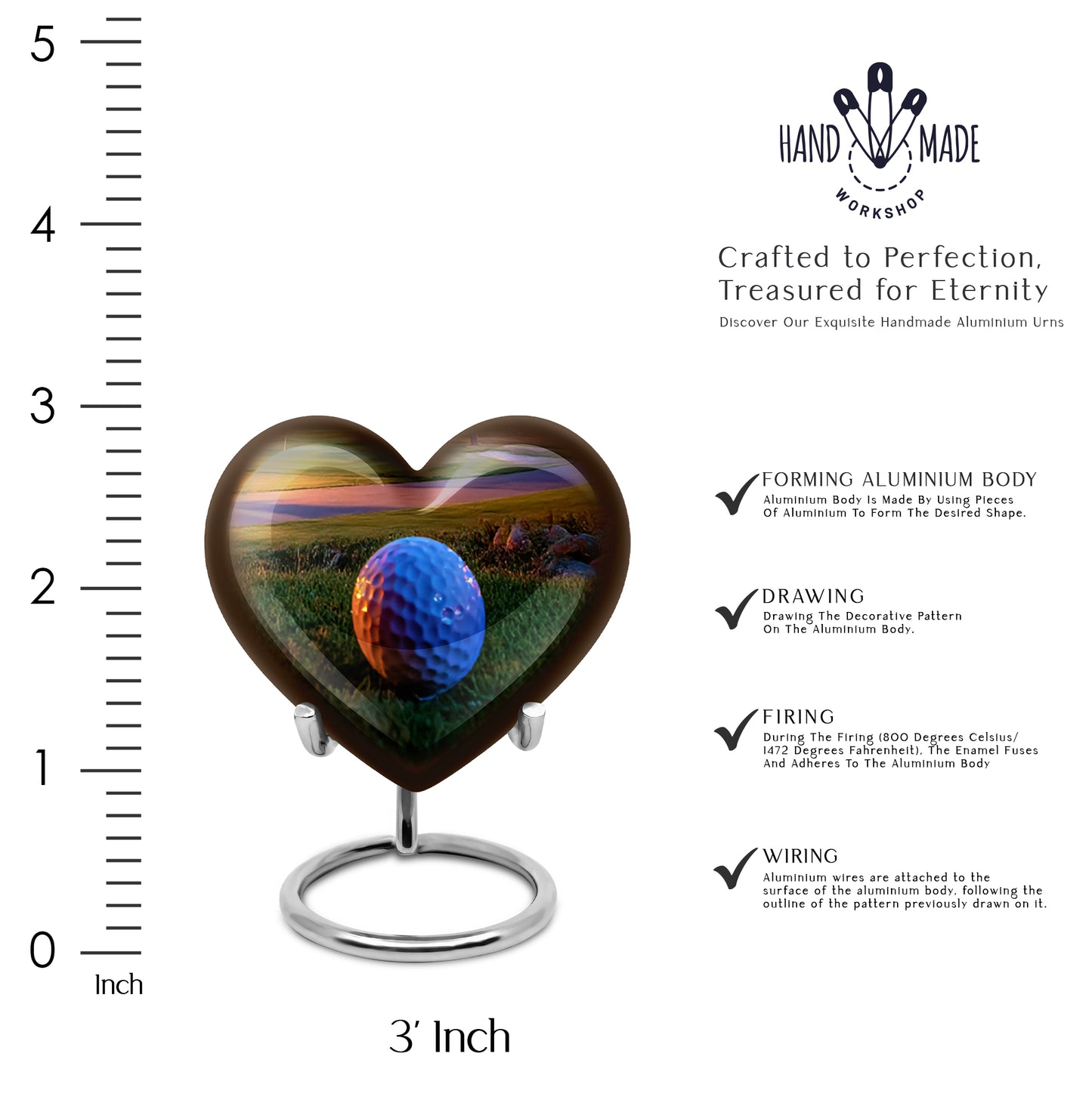 Champagne Gold Golf Cremation Urn front view showing detailed design - loving heart memorial featuring golf pattern - mini keepsake memorial for portion of cremation ashes