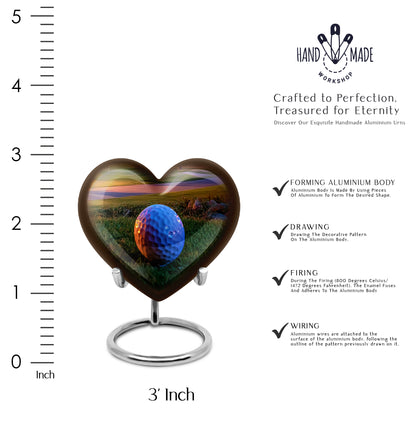 Champagne Gold Golf Cremation Urn front view showing detailed design - loving heart memorial featuring golf pattern - mini keepsake memorial for portion of cremation ashes