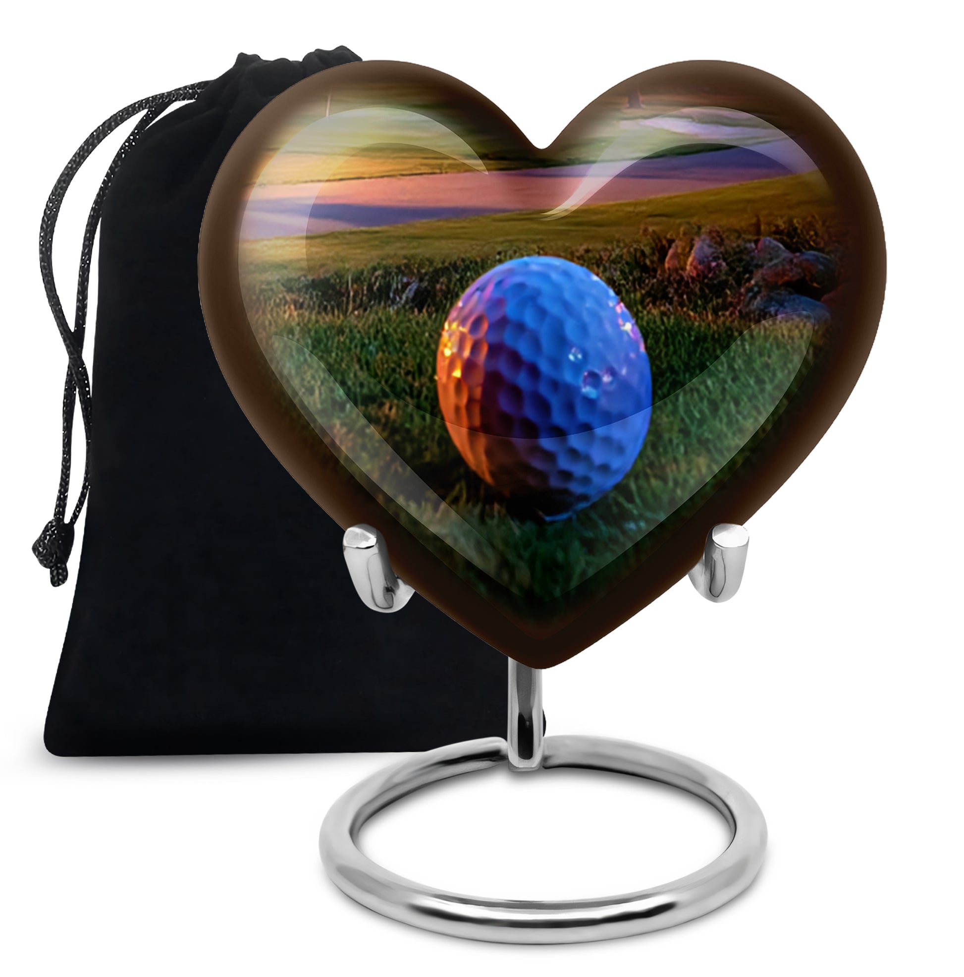 Gilded Gold Golf Cremation Urn detail view - heart-shaped golf design symbolizing eternal love - full-size 10 inch 200 cubic inch adult cremation urn