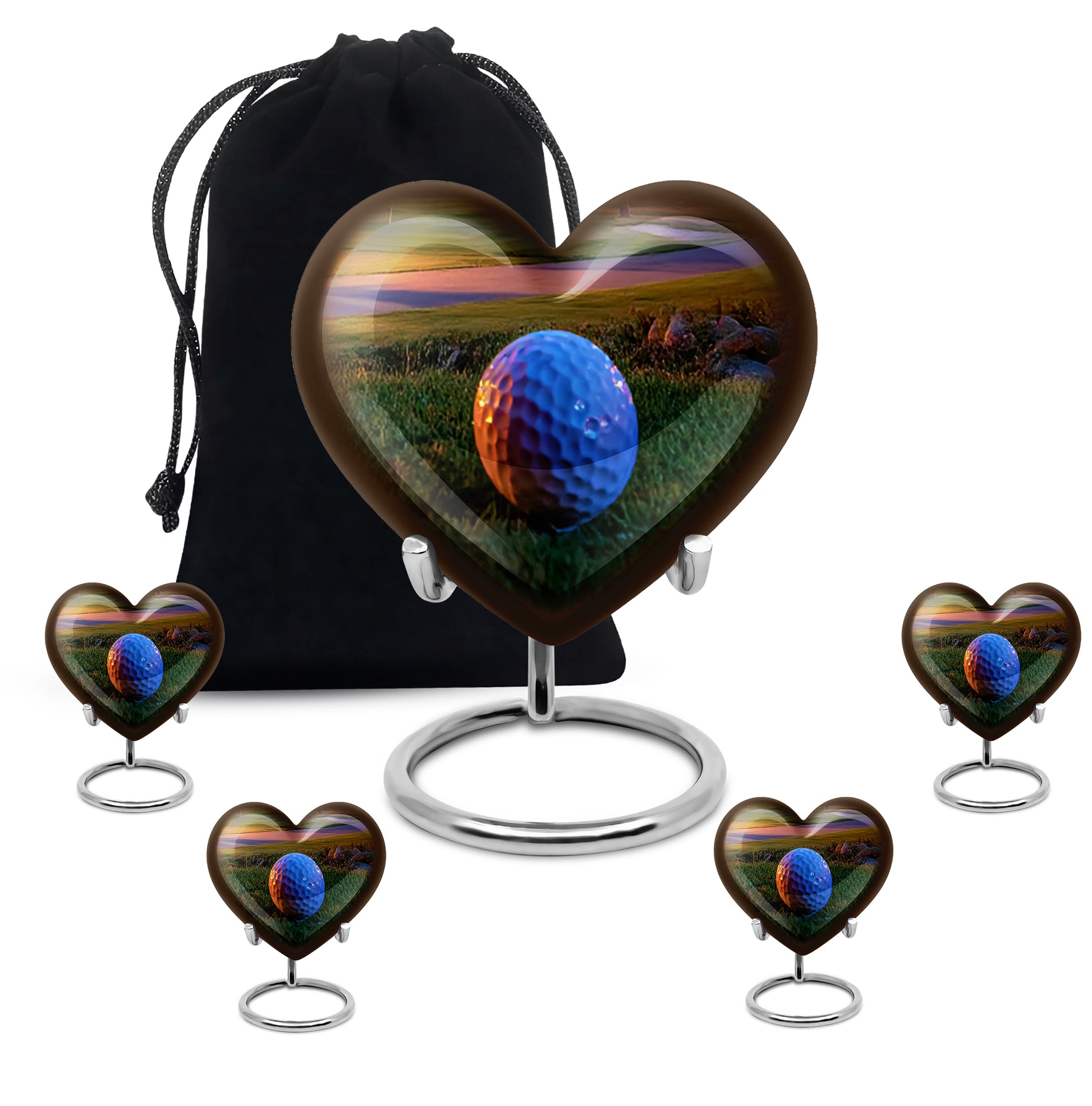 Warm Gold Golf Cremation Urn close-up of engraving and surface detail - romantic heart urn with golf motif on aluminum - memorial set with one large and four small urns
