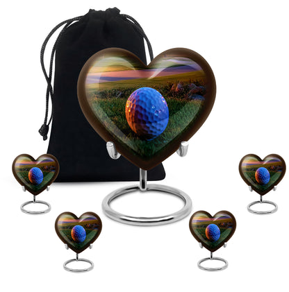 Warm Gold Golf Cremation Urn close-up of engraving and surface detail - romantic heart urn with golf motif on aluminum - memorial set with one large and four small urns