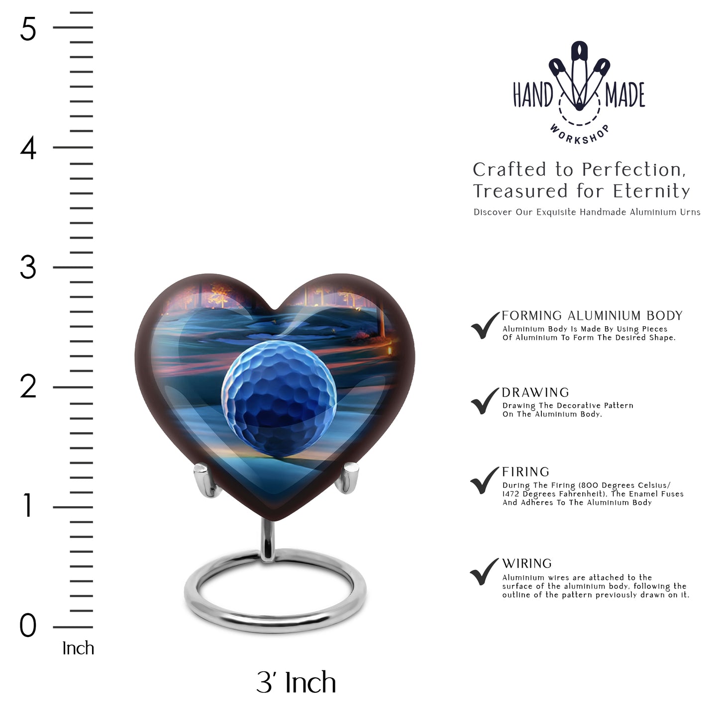 Fiery Red Golf Cremation Urn front view showing detailed design - romantic heart urn with golf motif on aluminum - mini keepsake memorial for portion of cremation ashes