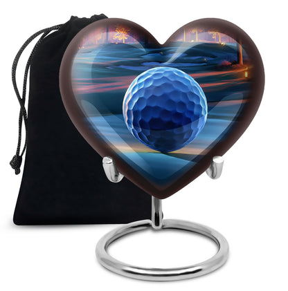 Fiery Red Golf Cremation Urn detail view - compassionate heart-golf combination with gentle curves - full-size 10 inch 200 cubic inch adult cremation urn