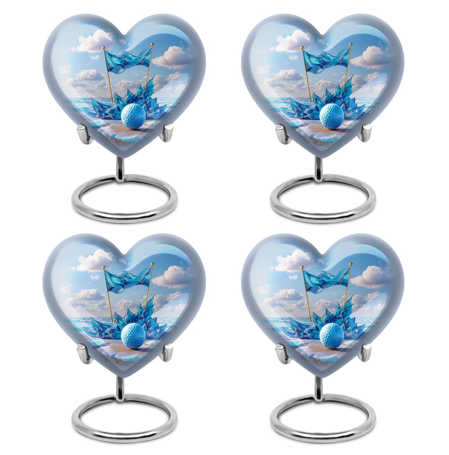Dusty Blue Golf Cremation Urn angled view of lid and engraved motif - heart-shaped golf design symbolizing eternal love - 10 inch aluminum urn for cremated remains