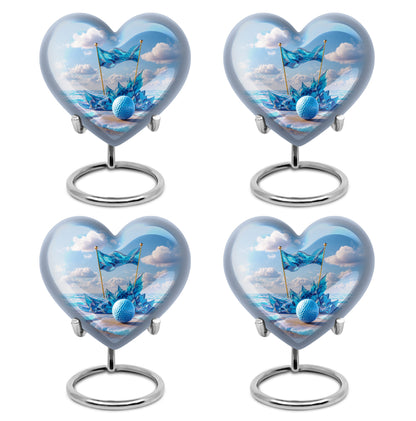 Dusty Blue Golf Cremation Urn angled view of lid and engraved motif - heart-shaped golf design symbolizing eternal love - 10 inch aluminum urn for cremated remains