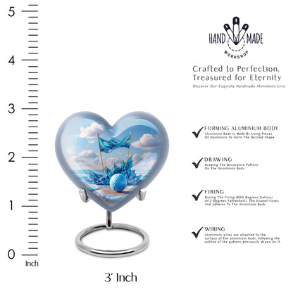 Icy Blue Golf Cremation Urn front view showing detailed design - loving heart memorial featuring golf pattern - mini keepsake memorial for portion of cremation ashes