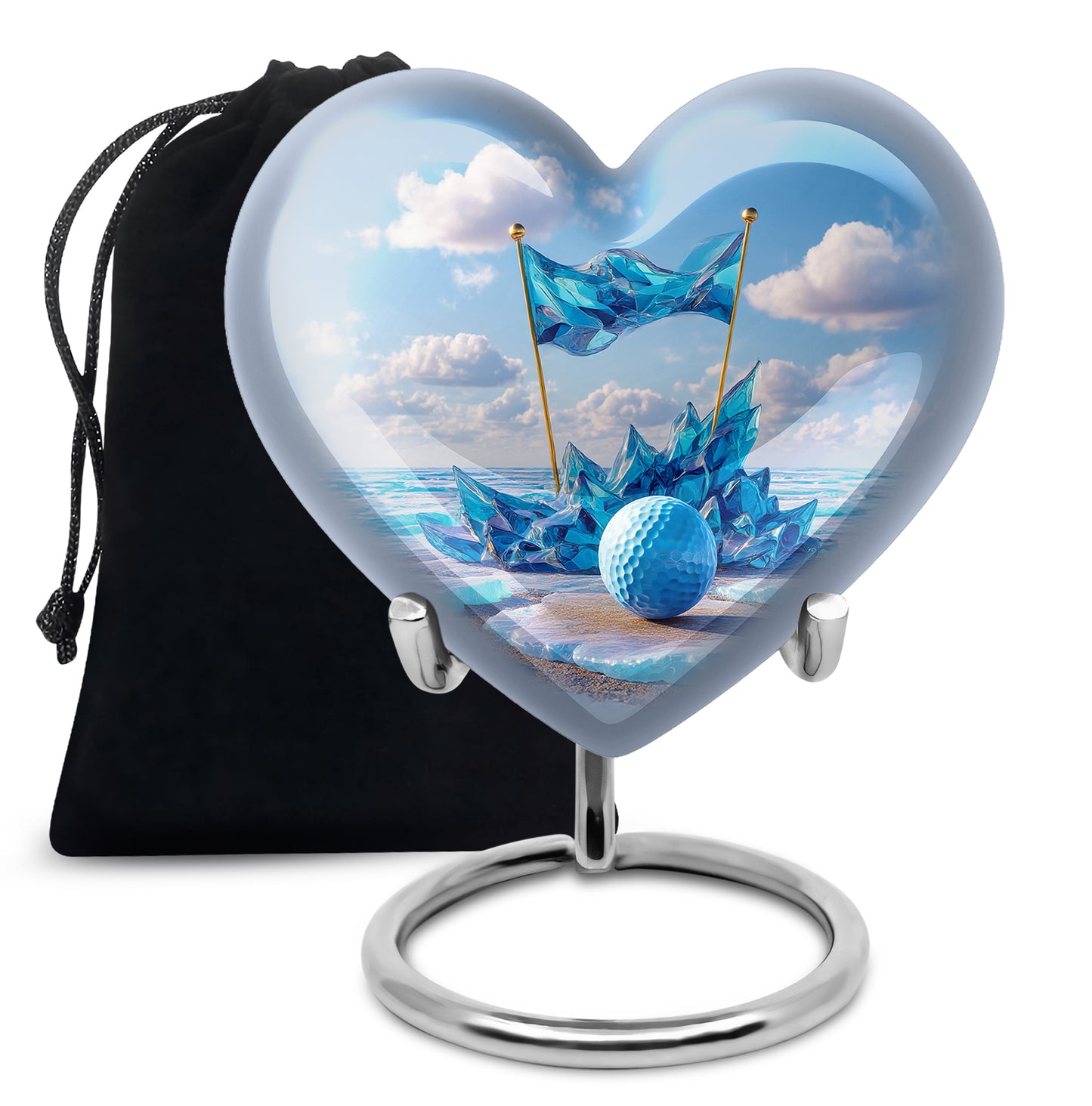 Celestial Blue Golf Cremation Urn detail view - loving heart memorial featuring golf pattern - full-size 10 inch 200 cubic inch adult cremation urn