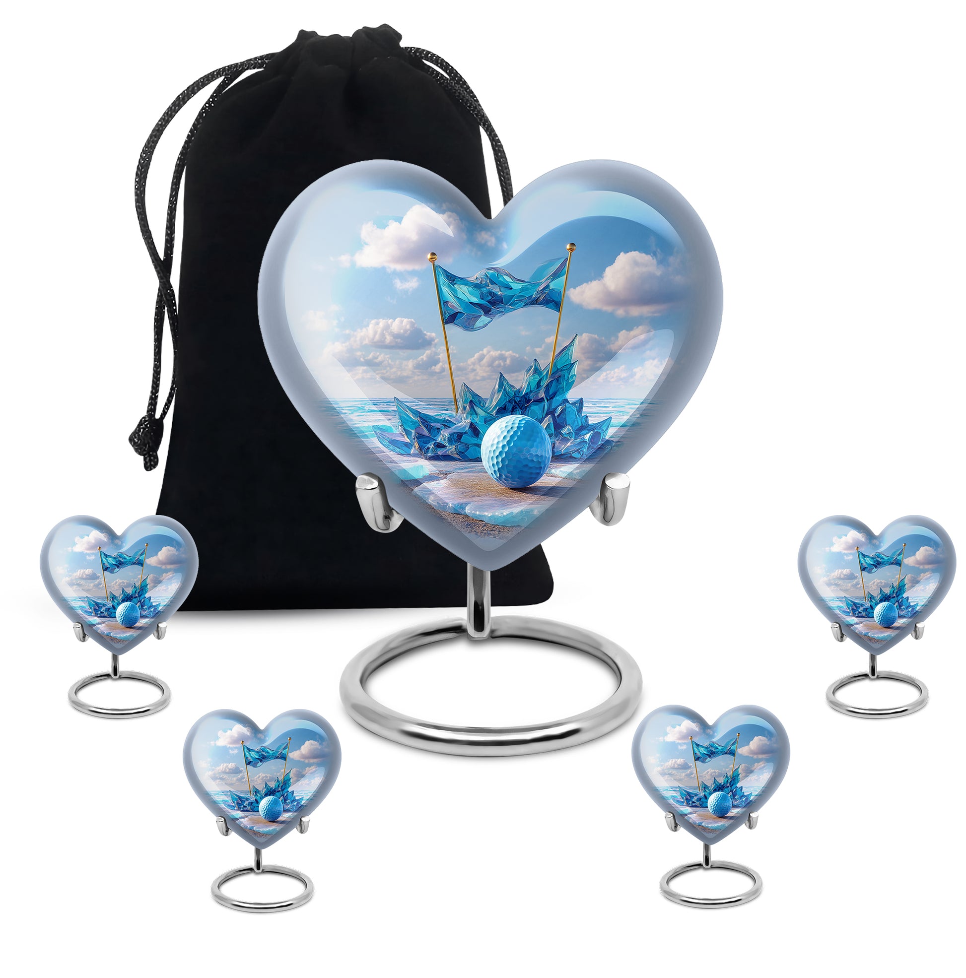 Steel Blue Golf Cremation Urn close-up of engraving and surface detail - compassionate heart-golf combination with gentle curves - memorial set with one large and four small urns