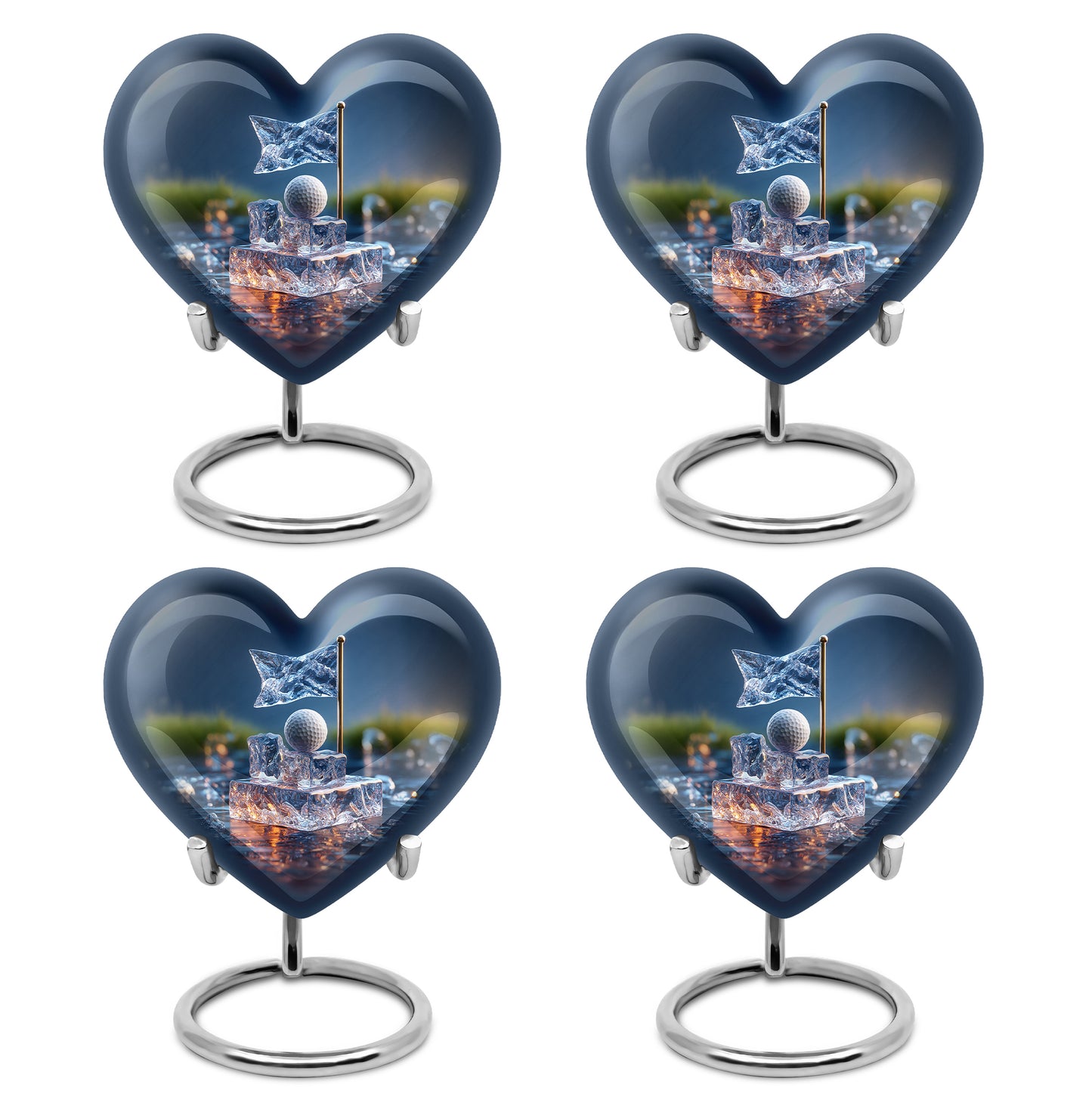 Slate Blue Golf Cremation Urn angled view of lid and engraved motif - heart-shaped golf design symbolizing eternal love - 10 inch aluminum urn for cremated remains