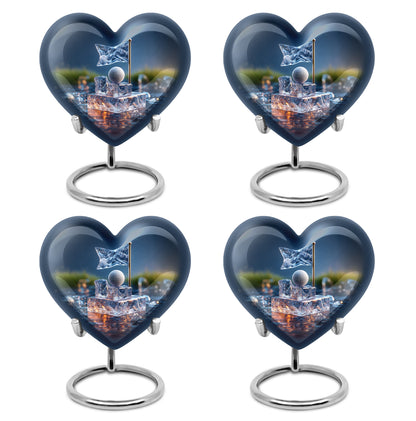 Slate Blue Golf Cremation Urn angled view of lid and engraved motif - heart-shaped golf design symbolizing eternal love - 10 inch aluminum urn for cremated remains
