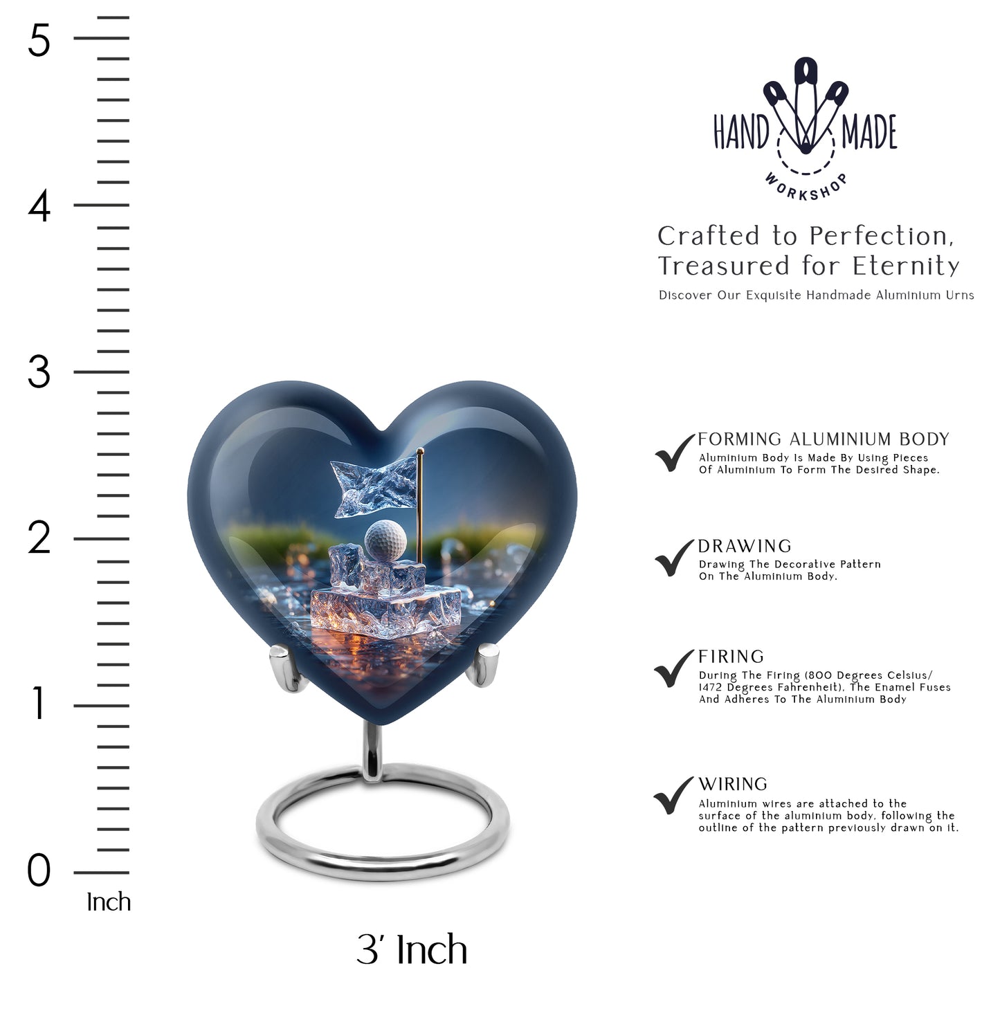 Bright Blue Golf Cremation Urn front view showing detailed design - romantic heart urn with golf motif on aluminum - mini keepsake memorial for portion of cremation ashes