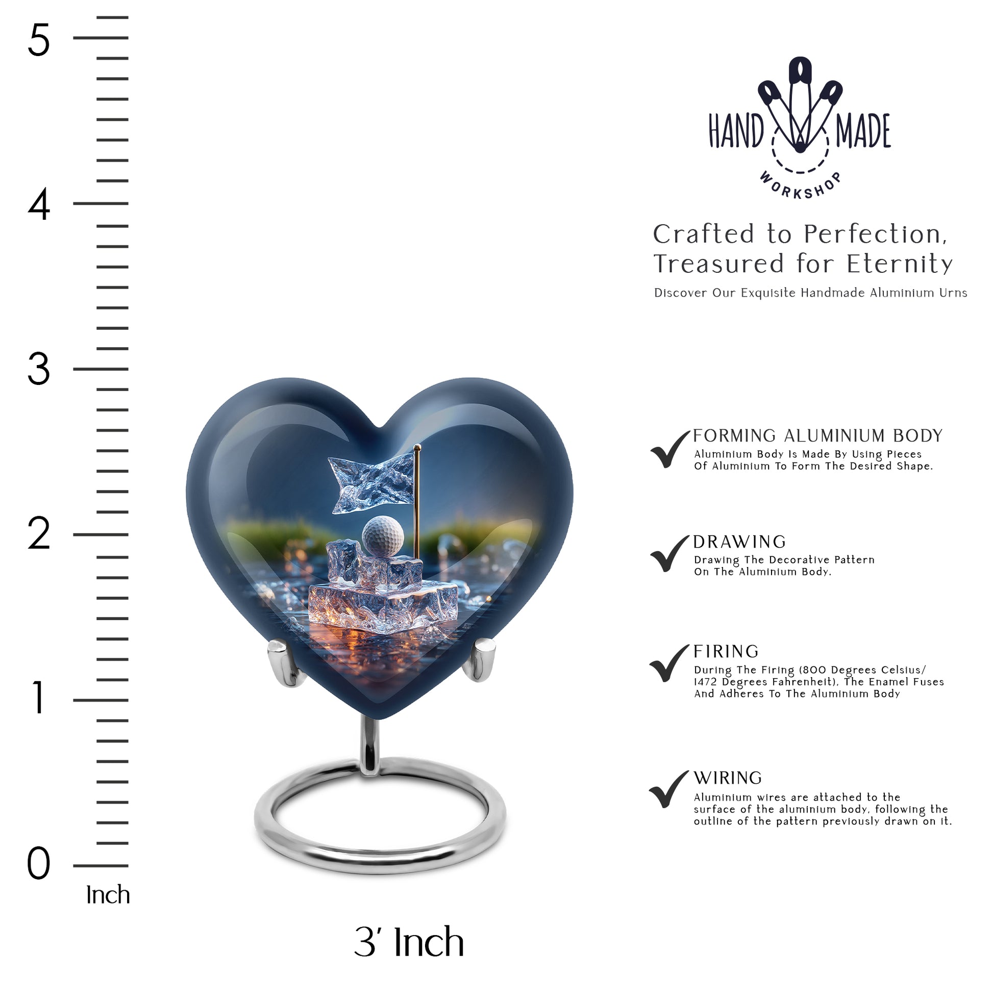 Bright Blue Golf Cremation Urn front view showing detailed design - romantic heart urn with golf motif on aluminum - mini keepsake memorial for portion of cremation ashes
