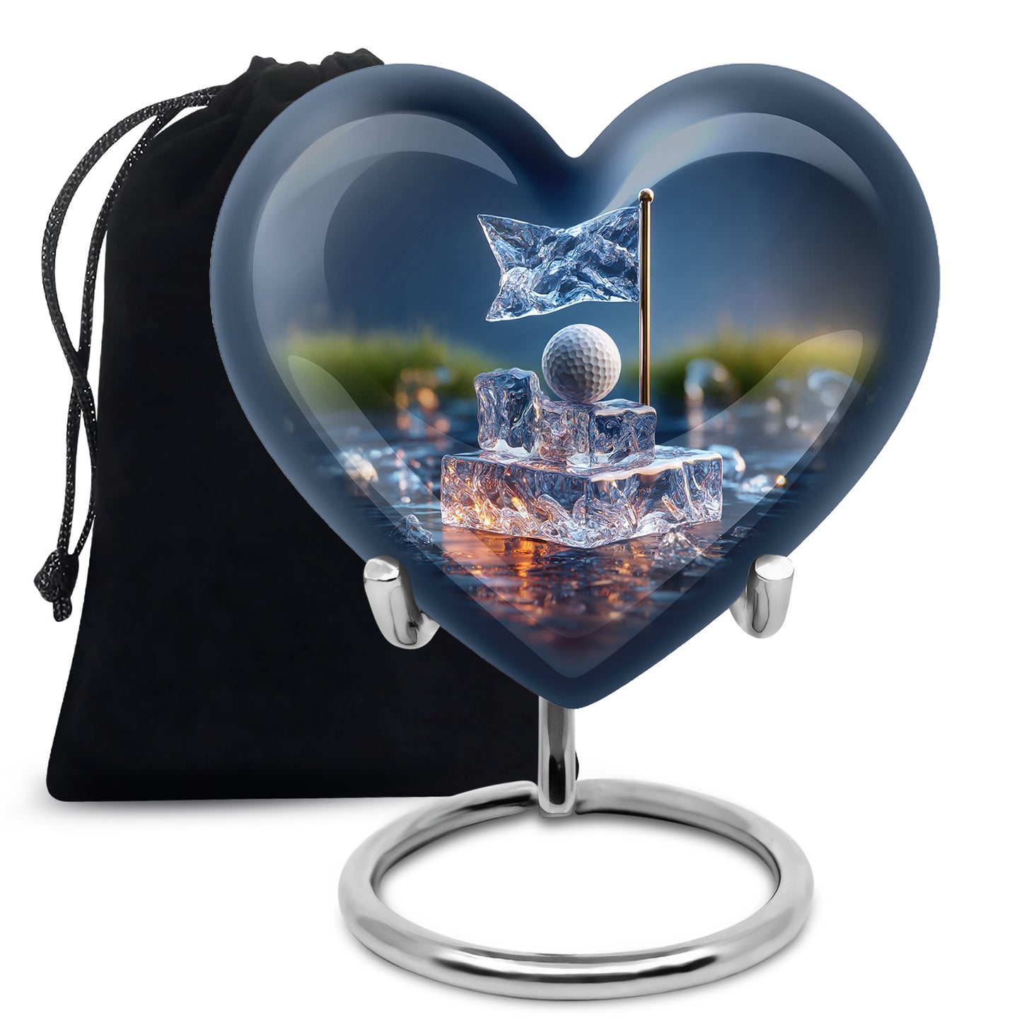 Powder Blue Golf Cremation Urn detail view - heart-shaped golf design symbolizing eternal love - full-size 10 inch 200 cubic inch adult cremation urn