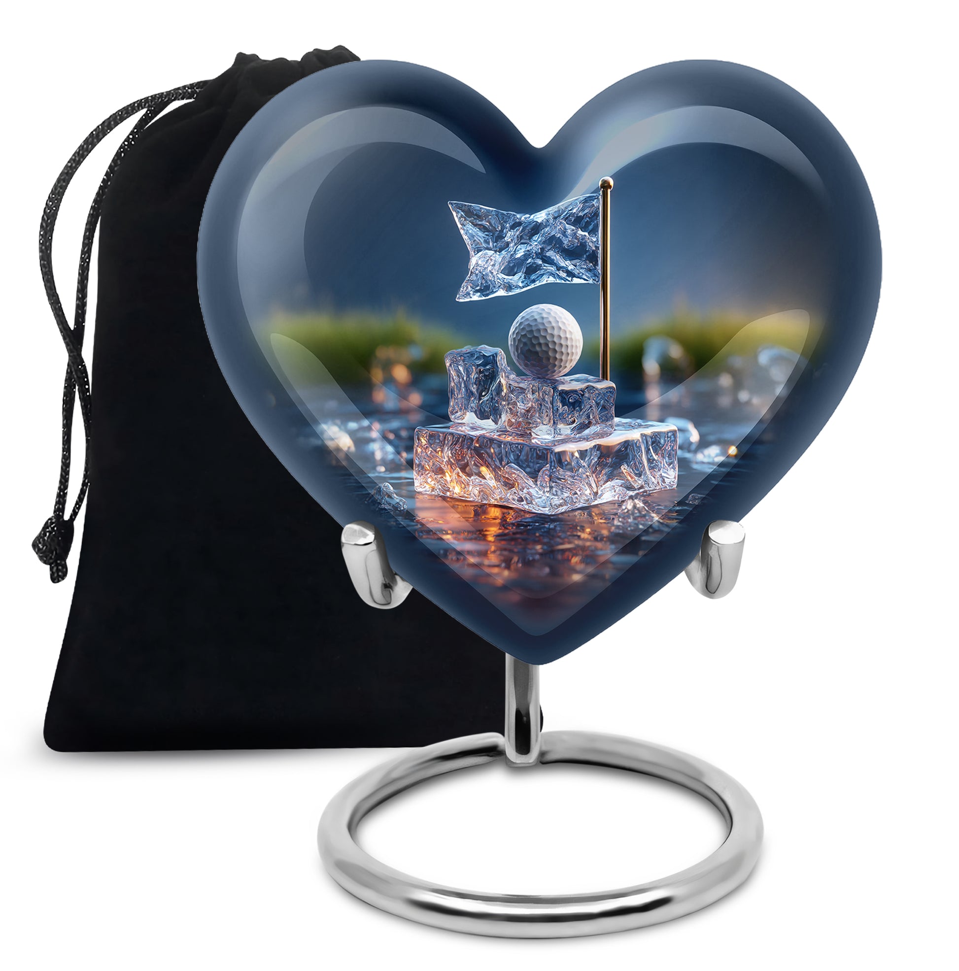 Powder Blue Golf Cremation Urn detail view - heart-shaped golf design symbolizing eternal love - full-size 10 inch 200 cubic inch adult cremation urn