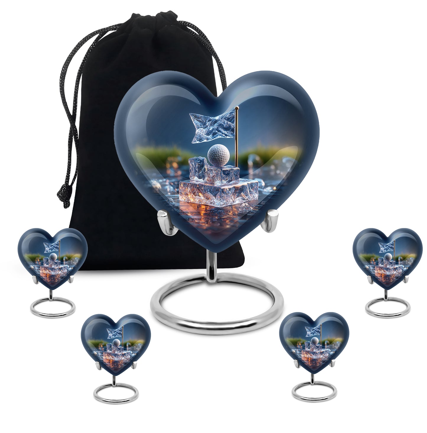 Pastel Blue Golf Cremation Urn close-up of engraving and surface detail - heart-shaped golf design symbolizing eternal love - memorial set with one large and four small urns