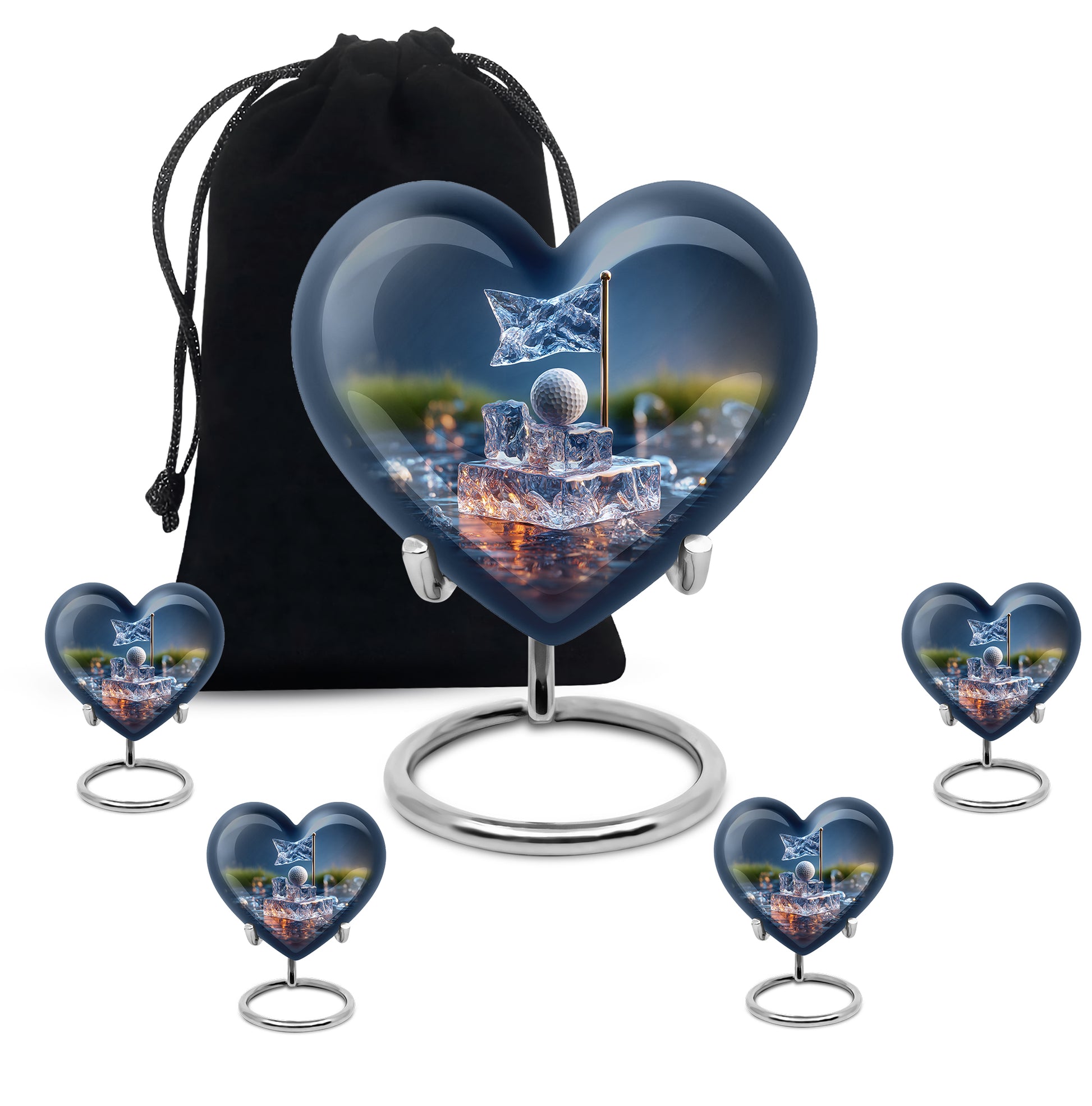 Pastel Blue Golf Cremation Urn close-up of engraving and surface detail - heart-shaped golf design symbolizing eternal love - memorial set with one large and four small urns