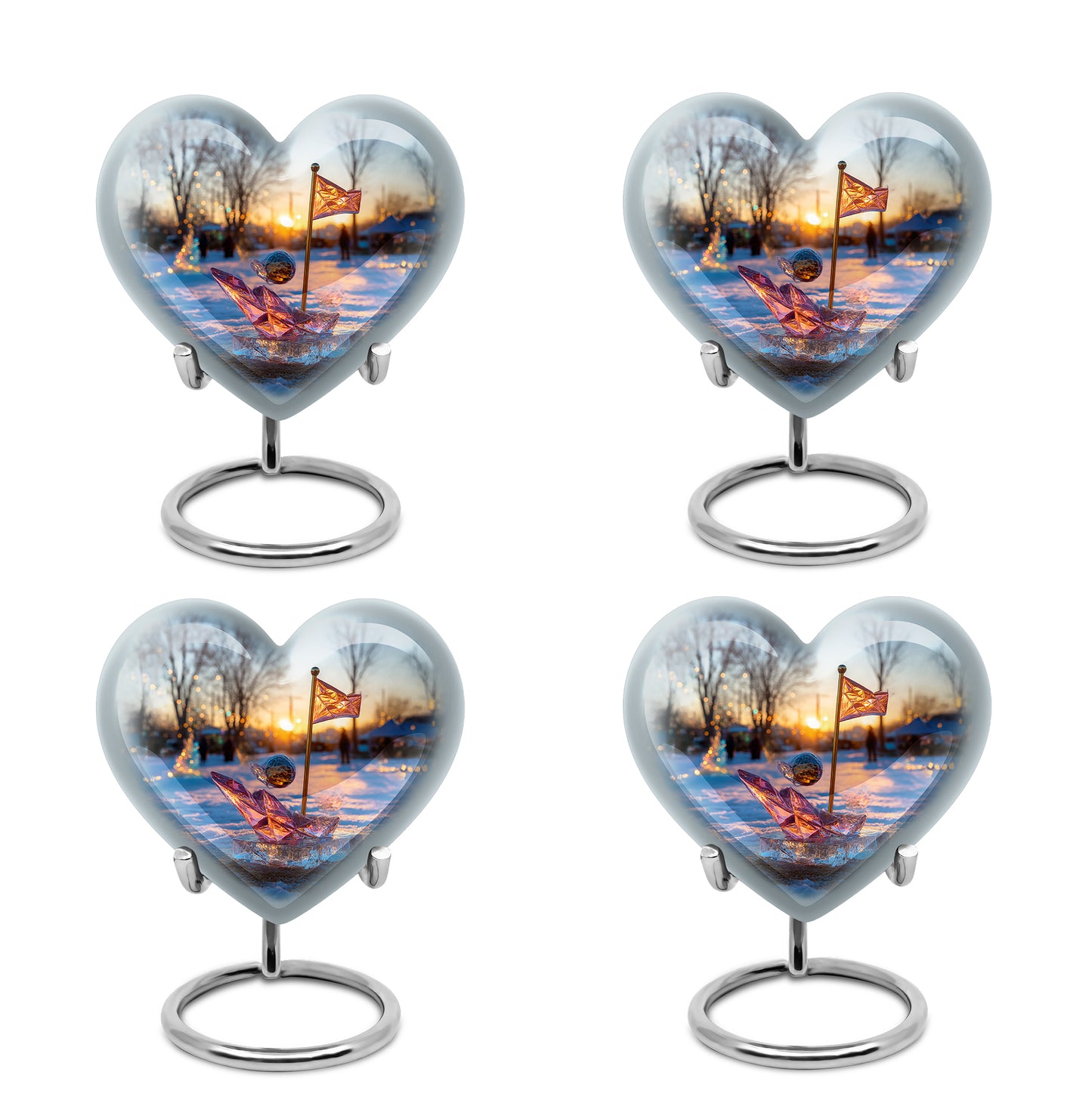 Navy Blue Golf Cremation Urn angled view of lid and engraved motif - heart-shaped golf design symbolizing eternal love - 10 inch aluminum urn for cremated remains
