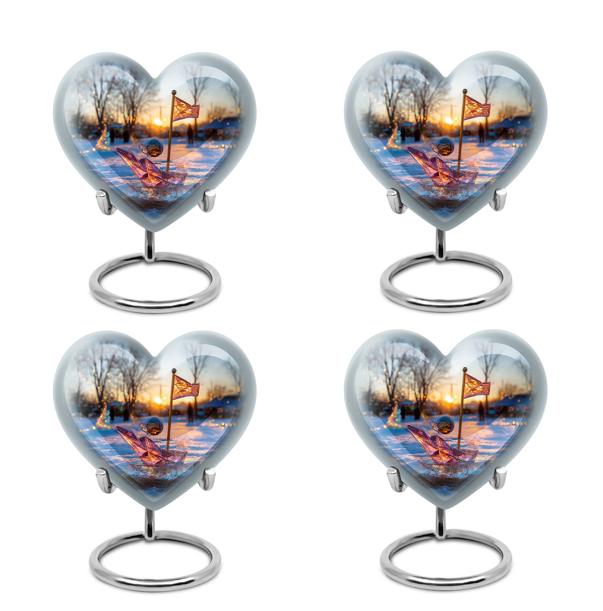 Navy Blue Golf Cremation Urn angled view of lid and engraved motif - heart-shaped golf design symbolizing eternal love - 10 inch aluminum urn for cremated remains