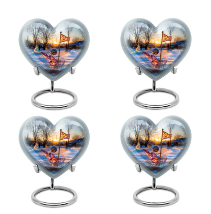 Navy Blue Golf Cremation Urn angled view of lid and engraved motif - heart-shaped golf design symbolizing eternal love - 10 inch aluminum urn for cremated remains