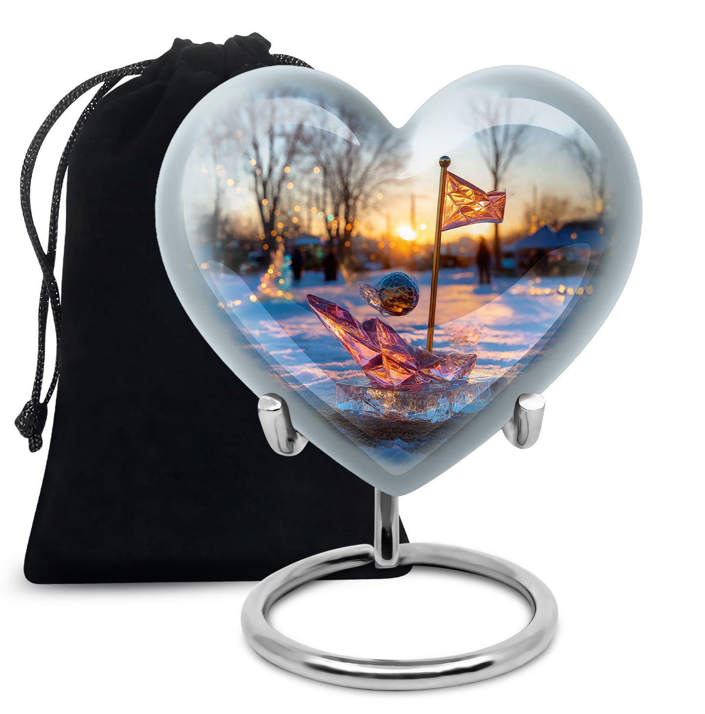 Calming Blue Golf Cremation Urn detail view - romantic heart urn with golf motif on aluminum - full-size 10 inch 200 cubic inch adult cremation urn