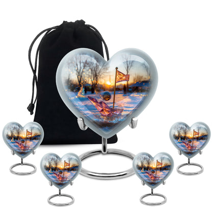 Powder Blue Golf Cremation Urn close-up of engraving and surface detail - heart-shaped golf design symbolizing eternal love - memorial set with one large and four small urns