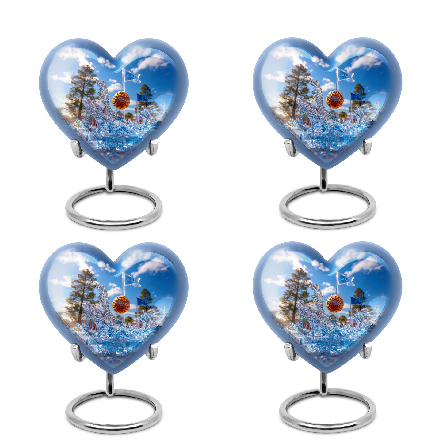 Pastel Blue Golf Cremation Urn angled view of lid and engraved motif - loving heart memorial featuring golf pattern - 10 inch aluminum urn for cremated remains