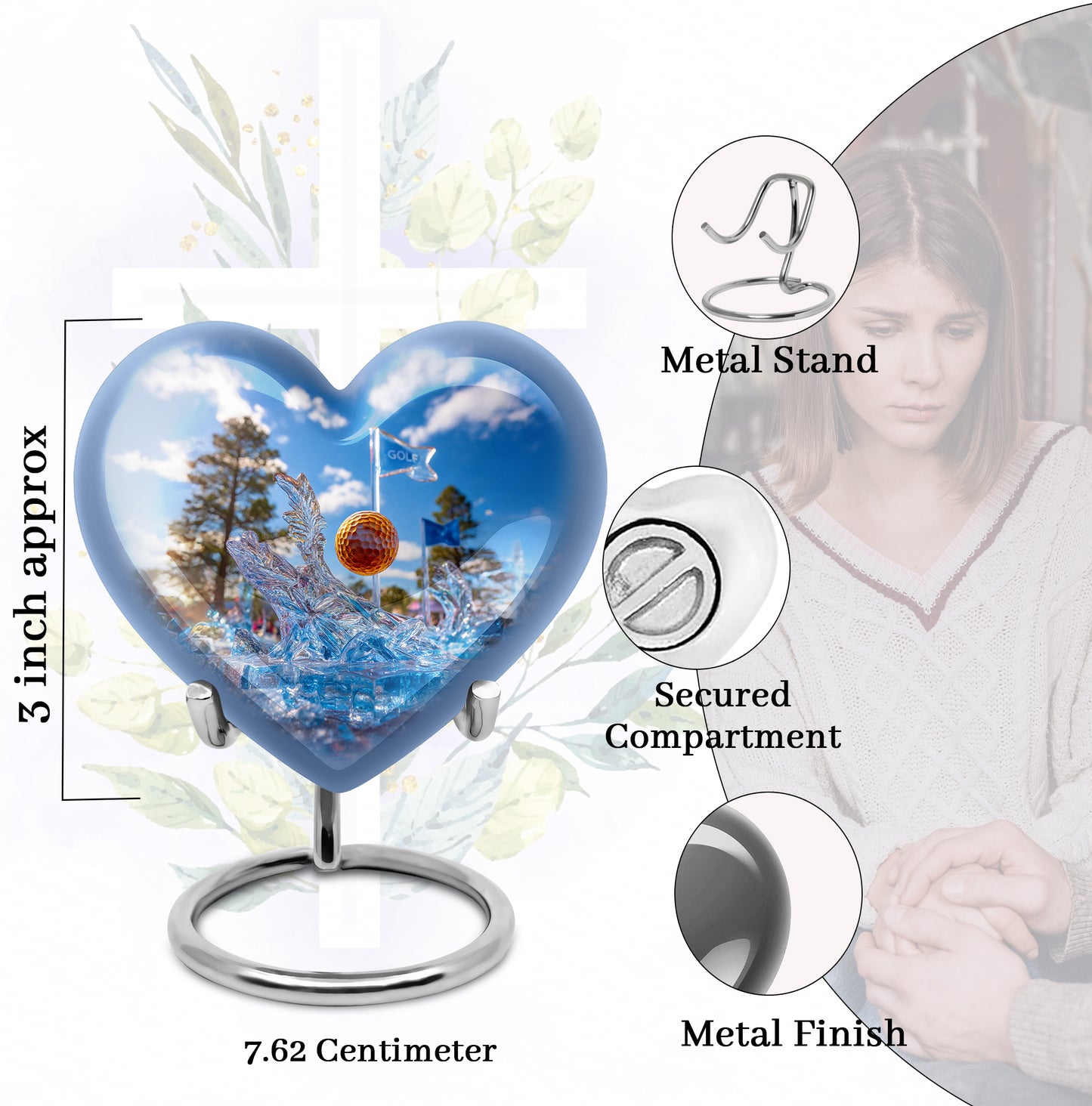 Cobalt Blue Golf Cremation Urn front view showing detailed design - romantic heart urn with golf motif on aluminum - mini keepsake memorial for portion of cremation ashes