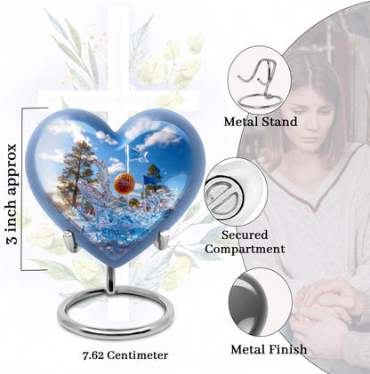 Cobalt Blue Golf Cremation Urn front view showing detailed design - romantic heart urn with golf motif on aluminum - mini keepsake memorial for portion of cremation ashes