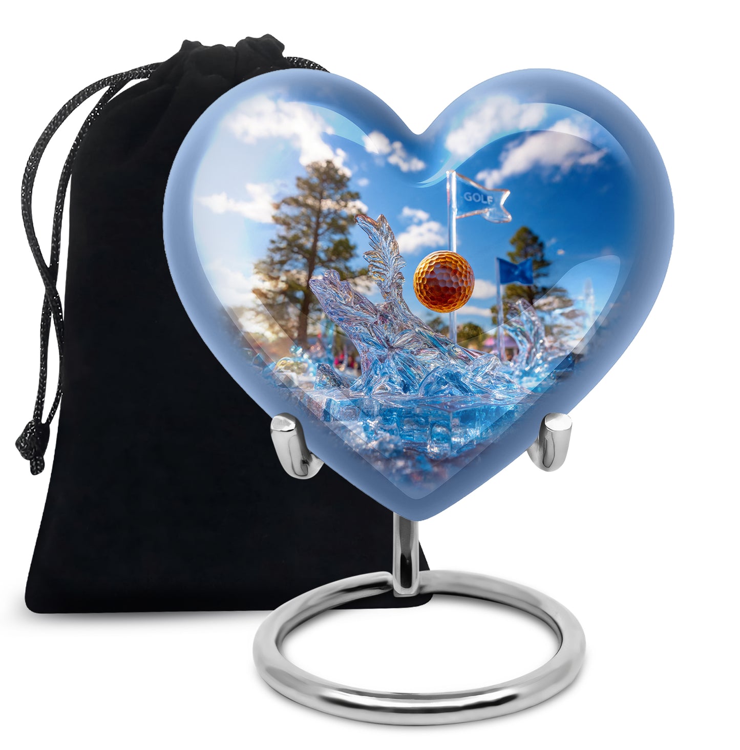 Soft Blue Golf Cremation Urn detail view - compassionate heart-golf combination with gentle curves - full-size 10 inch 200 cubic inch adult cremation urn
