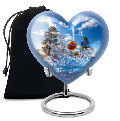 Soft Blue Golf Cremation Urn detail view - compassionate heart-golf combination with gentle curves - full-size 10 inch 200 cubic inch adult cremation urn