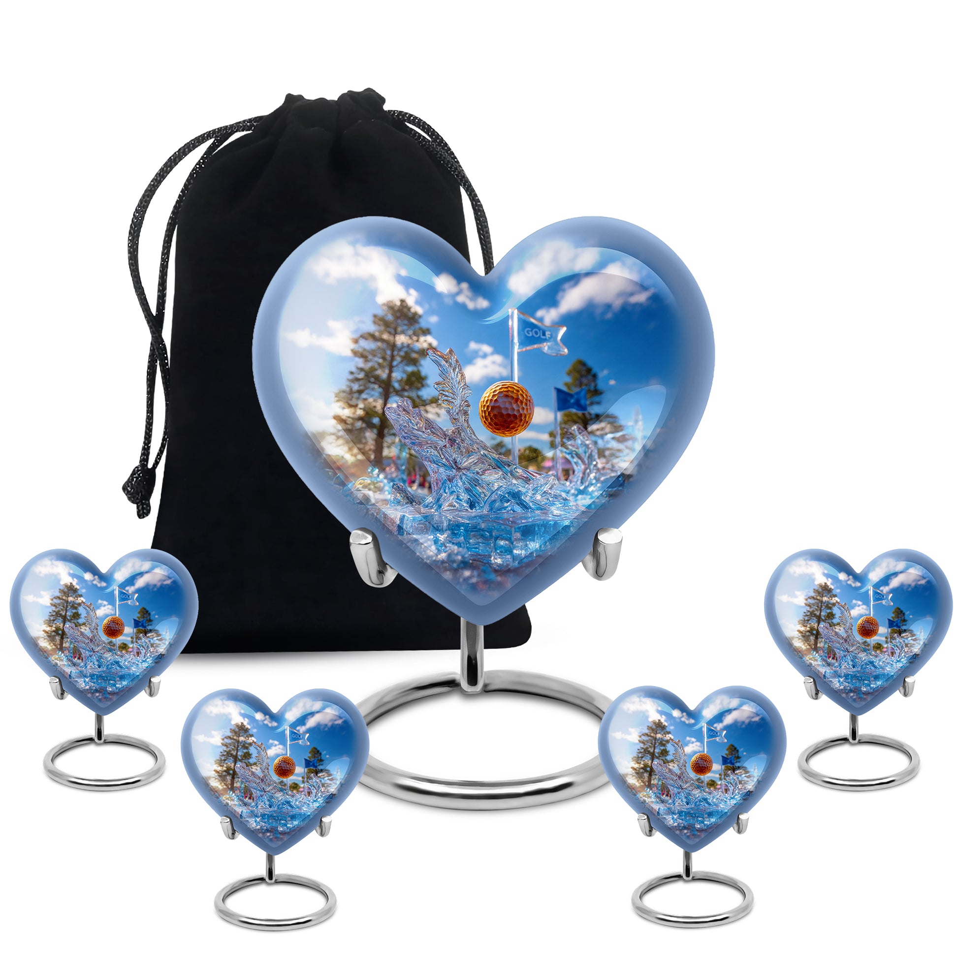 Indigo Golf Cremation Urn close-up of engraving and surface detail - heart-shaped golf design symbolizing eternal love - memorial set with one large and four small urns