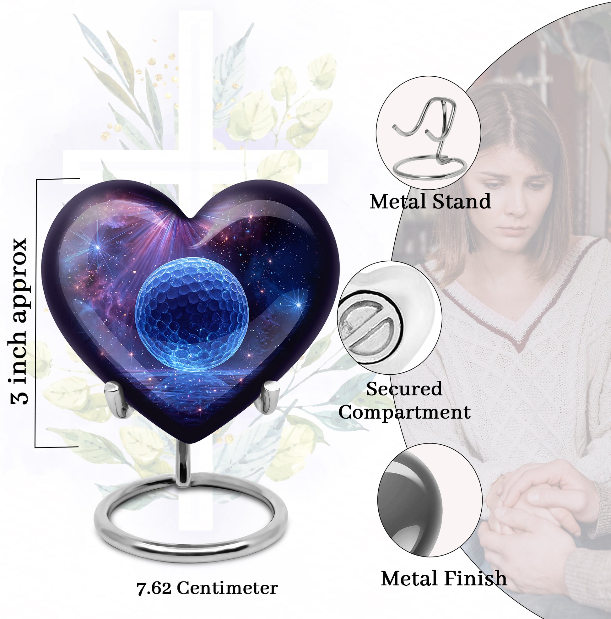 Deep Purple Golf Cremation Urn front view showing detailed design - loving heart memorial featuring golf pattern - mini keepsake memorial for portion of cremation ashes