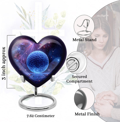 Deep Purple Golf Cremation Urn front view showing detailed design - loving heart memorial featuring golf pattern - mini keepsake memorial for portion of cremation ashes