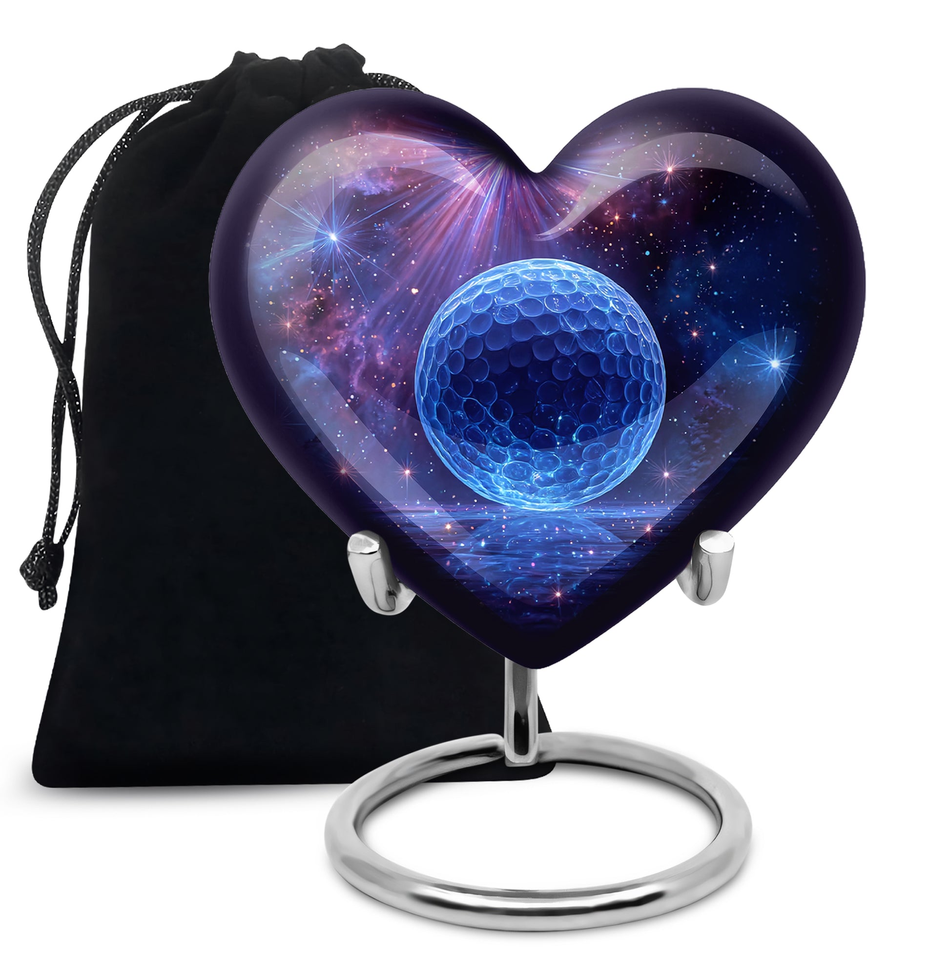 Violet Purple Golf Cremation Urn detail view - compassionate heart-golf combination with gentle curves - full-size 10 inch 200 cubic inch adult cremation urn